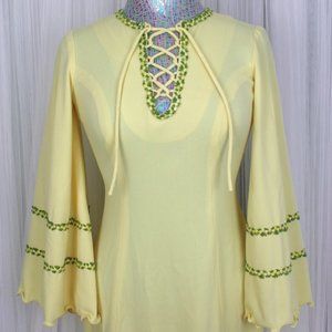 1970s Vintage Size Small Butter Yellow Maxi Dress With Flared Sleeves and Rosett